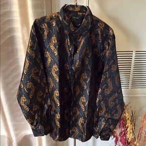 DiBanGu Dress Shirt Size XL Black & Gold Paisley Silky Textured Print Brand New